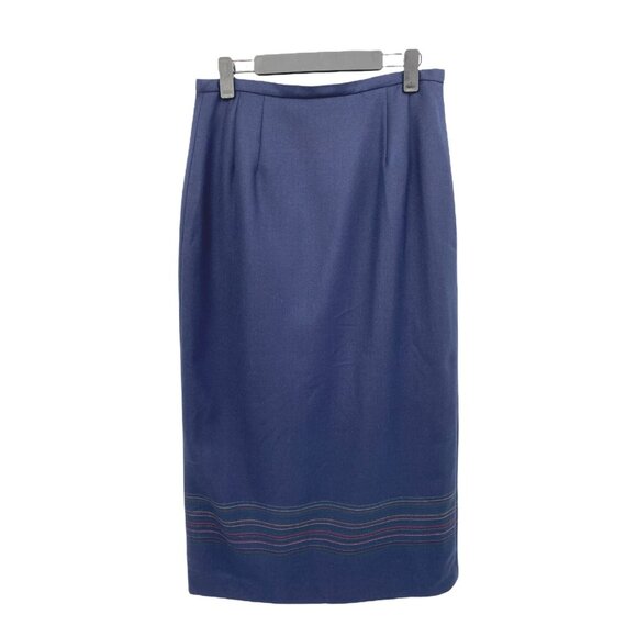 Pendleton Wrap Midi Skirt Womens 12 Navy Blue Tartan Wool Embroidered Detailing - Picture 2 of 10